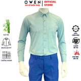 Áo Sơ Mi Nam Tay Dài Owen AR230669DT màu dobby xanh mint dáng regular fit tà lượn có túi chất liệu sợi tre