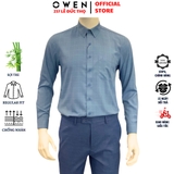 Áo Sơ Mi Nam Tay Dài Owen AR230749DT màu kẻ caro xanh nhạt dáng regular fit tà lượn có túi chất liệu sợi tre