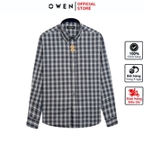 Áo Sơ Mi Nam Tay Dài Owen AR240500DT màu xám đậm kẻ caro dáng suông regular fit tà lượn có túi chất liệu bambo poly