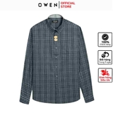 Áo Sơ Mi Nam Tay Dài Owen AR240507DT màu xanh than kẻ sọc  dáng suông regular fit tà lượn có túi chất liệu Bamboo poly