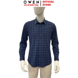 Áo sơ mi nam tay dài Owen AR250364DT màu xanh tím than kẻ caro dáng suông regular fit tà lượn có túi chất liệu polyester
