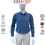Áo sơ mi nam tay dài Owen AR250369DT màu xanh đậm caro vừa dáng suông regular fit tà lượn có túi chất liệu bamboo spandex