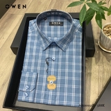 Áo Sơ Mi Nam Tay Dài Owen AS220951D Kẻ caro xanh trắng Dáng Slim Fit Tà Lượn Không Túi Vải Sợi Tre ( Bamboo)