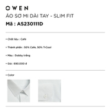 Áo Sơ Mi Nam Tay Dài Owen AS230111D màu dobby trắng dáng slim fit tà lượn không túi vải café