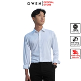 Áo Sơ Mi Nam Tay Dài Owen AS230195D màu jacquard trắng dáng slim fit tà lượn không túi vải sợi tre