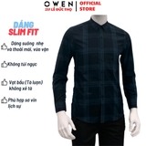 Áo Sơ Mi Nam Tay Dài Owen AS230702D màu kẻ caro đen xám dáng slim fit tà lượn không túi chất liệu sợi tre