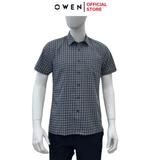 Áo sơ mi nam tay ngắn Owen AB250063NT màu vàng kẻ xanh tím than dáng suông body fit tà bằng có túi chất liệu bambo poly