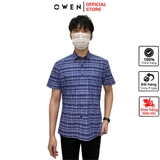 Áo Sơ Mi Nam Tay Ngắn Owen AB230113NT màu kẻ caro lớn navy dáng body fit tà bằng có túi vải bạc hà