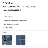 Áo Sơ Mi Nam Tay Ngắn Owen AB230131NT màu kẻ caro xanh xám trắng dáng body fit tà bằng có túi vải sợi tre