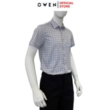 Áo sơ mi nam tay ngắn Owen AB250040NT màu xám kẻ caro dáng suông bodyfit tà bằng có túi chất liệu bamboo poly