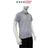 Áo sơ mi nam tay ngắn Owen AB250040NT màu xám kẻ caro dáng suông bodyfit tà bằng có túi chất liệu bamboo poly
