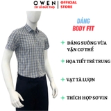 Áo sơ mi nam tay ngắn Owen AB250043NT màu xám kẻ caro dáng suông body fit tà bằng có túi Chất liệu Bamboo poly