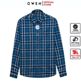 Áo Sơ Mi Nam Tay Dài Owen AJ240637DT màu xanh đậm kẻ caro Dáng J - form suông rộng tà lượn có túi ngực chất liệu Café Charcoal dày dặn