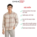 Áo Sơ Mi Nam Tay Dài Owen AJ240725DT màu be kẻ caro Dáng J - form suông rộng tà lượn 2 túi ngực có nắp Chất liệu CVC dày dặn