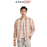 Áo Sơ Mi Nam Tay Dài Owen AJ240724DT màu be hồng kẻ caro Dáng J - form suông rộng tà lượn có túi ngực Chất liệu CVC dày dặn