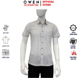Áo sơ mi nam tay ngắn Owen AB250069NT màu be nhạt kẻ caro dáng suông body fit tà lượn có túi Chất liệu bamboo poly