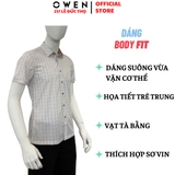 Áo sơ mi nam tay ngắn Owen AB250069NT màu be nhạt kẻ caro dáng suông body fit tà lượn có túi Chất liệu bamboo poly