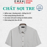 Áo sơ mi nam tay ngắn Owen AB250069NT màu be nhạt kẻ caro dáng suông body fit tà lượn có túi Chất liệu bamboo poly