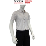 Áo sơ mi nam tay ngắn Owen AB250069NT màu be nhạt kẻ caro dáng suông body fit tà lượn có túi Chất liệu bamboo poly