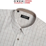 Áo sơ mi nam tay ngắn Owen AB250069NT màu be nhạt kẻ caro dáng suông body fit tà lượn có túi Chất liệu bamboo poly