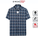 Áo sơ mi nam tay ngắn Owen AB250049NT màu xanh cổ vịt kẻ caro dáng suông body fit tà bằng có túi chất liệu Knit