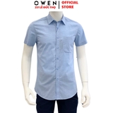 Áo Sơ Mi Nam Tay Ngắn Owen AR230092NT màu xanh lá kẻ caro nhỏ dáng regular fit tà lượn có túi chất liệu sợi tre