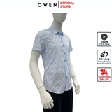 Áo sơ mi nam tay ngắn Owen AS240002N màu xanh nhạt in họa tiết dáng ôm slim fit tà lượn không túi chất liệu bamboo poly