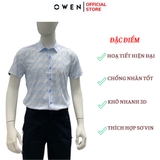 Áo sơ mi nam tay ngắn Owen AS240002N màu xanh nhạt in họa tiết dáng ôm slim fit tà lượn không túi chất liệu bamboo poly
