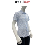 Áo sơ mi nam tay ngắn Owen AS240002N màu xanh nhạt in họa tiết dáng ôm slim fit tà lượn không túi chất liệu bamboo poly