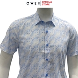 Áo sơ mi nam tay ngắn Owen AS240002N màu xanh nhạt in họa tiết dáng ôm slim fit tà lượn không túi chất liệu bamboo poly