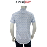 Áo sơ mi nam tay ngắn Owen AS240002N màu xanh nhạt in họa tiết dáng ôm slim fit tà lượn không túi chất liệu bamboo poly