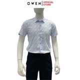 Áo sơ mi nam tay ngắn Owen AS240002N màu xanh nhạt in họa tiết dáng ôm slim fit tà lượn không túi chất liệu bamboo poly