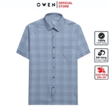 Áo sơ mi nam tay ngắn Owen AB250053NT màu xanh kẻ caro dáng suông body fit tà lượn có túi Chất liệu Knit