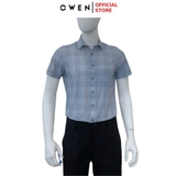 Áo sơ mi nam tay ngắn Owen AB250053NT màu xanh kẻ caro dáng suông body fit tà lượn có túi Chất liệu Knit