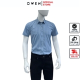 Áo sơ mi nam tay ngắn Owen AB250089NT màu xanh đậm dáng suông body fit tà bằng có túi Chất liệu Bamboo poly