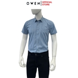 Áo sơ mi nam tay ngắn Owen AB250089NT màu xanh đậm dáng suông body fit tà bằng có túi Chất liệu Bamboo poly