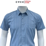 Áo sơ mi nam tay ngắn Owen AB250089NT màu xanh đậm dáng suông body fit tà bằng có túi Chất liệu Bamboo poly