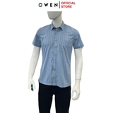 Áo sơ mi nam tay ngắn Owen AB250089NT màu xanh đậm dáng suông body fit tà bằng có túi Chất liệu Bamboo poly