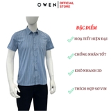 Áo sơ mi nam tay ngắn Owen AB250089NT màu xanh đậm dáng suông body fit tà bằng có túi Chất liệu Bamboo poly