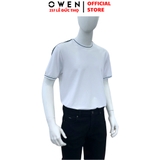 Áo Thun Nam Tay Ngắn Không Cổ Owen TSN253672 màu trắng phối xanh dáng suông tà bằng cổ tròn chất liệu cotton