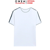 Áo Thun Nam Tay Ngắn Không Cổ Owen TSN253672 màu trắng phối xanh dáng suông tà bằng cổ tròn chất liệu cotton