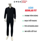 Bộ Thể Thao Nam Owen BTT256158 màu đen dáng reguler, áo cổ 3 phân, khóa kéo, tay và gấu bo chun, quần cạp chun ống suông chất liệu polyester