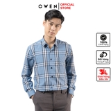 Áo Sơ Mi Nam Tay Dài Owen AR220053DT Màu Kẻ Caro Lớn Xanh Xám Đen Trắng Dáng Regular Fit Tà Lượn Có Túi Chất Vải Sợi Tre
