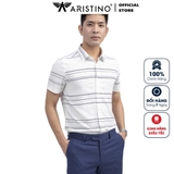 Áo Sơ Mi Nam Tay Ngắn Aristino ASS051S9 Màu Trắng Kẻ Ngang Xanh Đậm Dáng Slim Fit Tà Lượn Vải Sợi Sồi