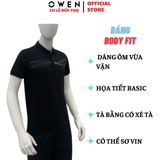 Áo thun polo Nam Tay Ngắn Có Cổ Owen APV253627 màu đen in họa tiết dáng body fit tà bằng chất liệu CVC spandex