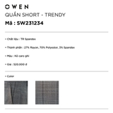 Quần short âu nam Owen SW231234 màu kẻ caro ghi Dáng Trendy vải polyester