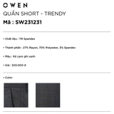 Quần short âu nam Owen SW231231 màu kẻ caro ghi xanh Dáng Trendy vải polyester