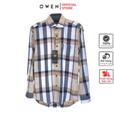 Áo Sơ Mi Nam Tay Dài Owen AR221067DT Màu Kẻ caro đen be nâu trắng Dáng Regular Fit Tà Lượn Có Túi Vải Sợi Tre