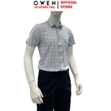 Áo sơ mi nam tay ngắn Owen AR240028NT màu xám nhạt kẻ caro dáng suông regular fit tà lượn có túi chất liệu nano