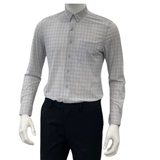 Áo Sơ Mi Nam Tay Dài Owen AR230528DT màu kẻ caro xám rêu dáng regular fit tà lượn có túi chất liệu knit
